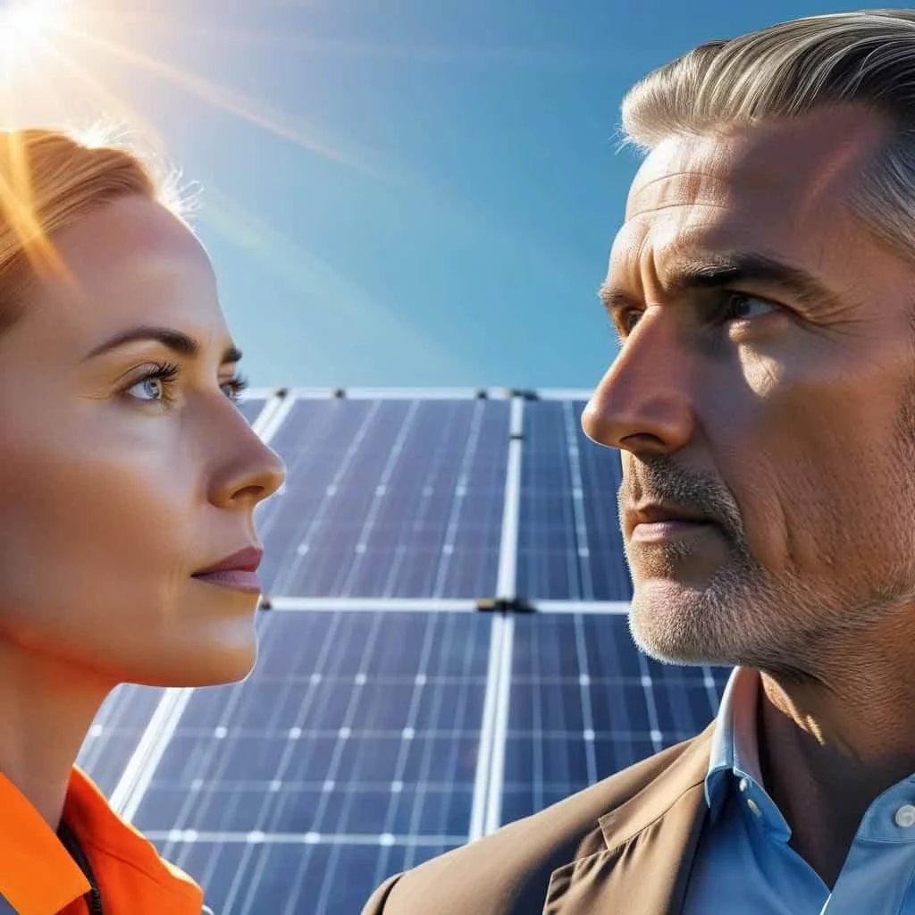 uma mulher e um homem frente a frente a olhar um para o outro num dia de sol e com painéis fotovoltaicos ao fundo