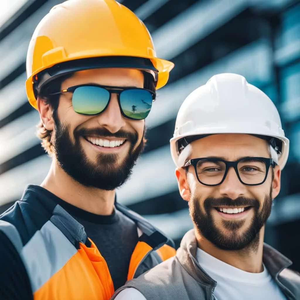 two engineers with glasses smiling